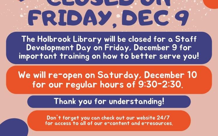 Library news:  closed Friday 12/9, Pop Up Book Sale and Block Party on Saturday 12/10, and new tote bags for sale!